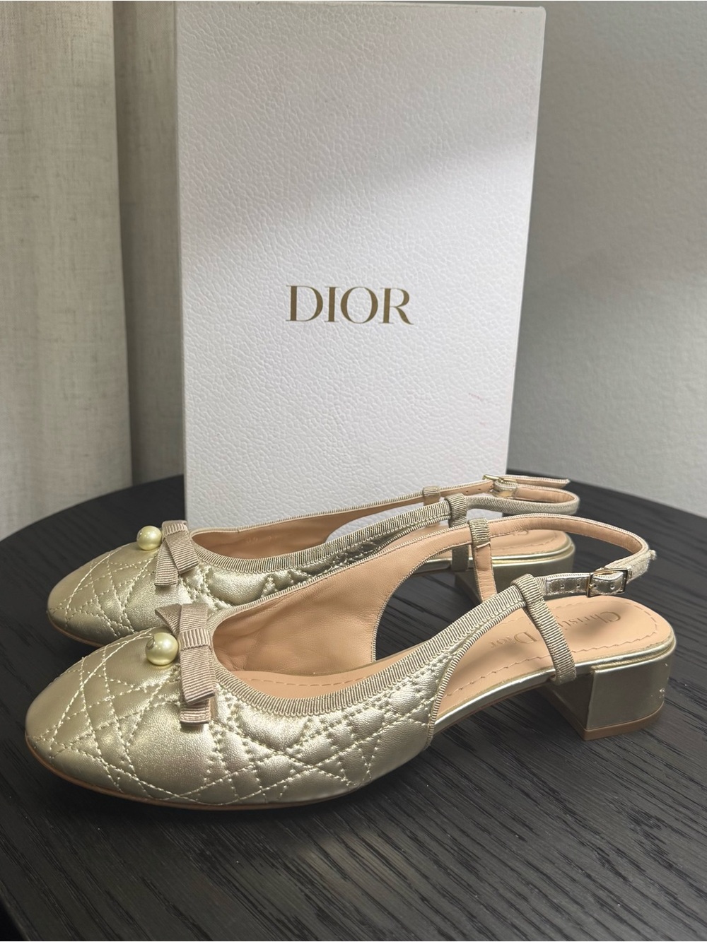 Christian Dior Quilted Ballet Slingback Pumps Leather Gold 40